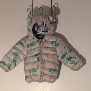 Carter's Light Gray Puffer Jacket with Green & Tan Dinosaur Print